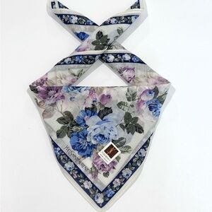 NWT Women Handkerchief YSL Rose Floral Blue White Cotton Pocket Square 18”